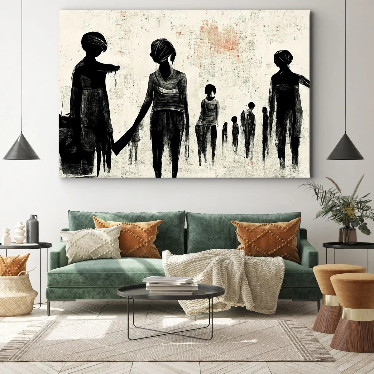 Obraz na plátně - Postavy v monochromatické kompozici na světlém pozadí - 70x50cm - Proti samotě - Moderní nástěnná dekorace do obývacího pokoje a ložnice ARTTOR