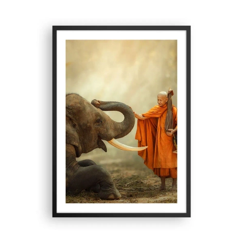 Plakát v černém rámu - Mnich v oranžovém rouchu se slonem v pozadí - 50x70cm - Setkání na cestách - Moderní nástěnná dekorace do obývacího pokoje a ložnice ARTTOR