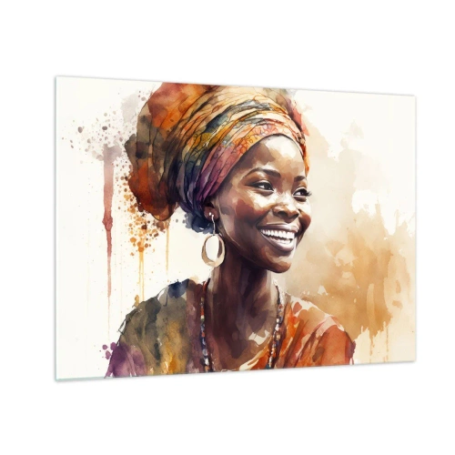 Obraz na skle - Akvarelový portrét usmívající se ženy v turbanu - 70x50cm - Africká královna - Moderní nástěnná dekorace do obývacího pokoje a ložnice ARTTOR