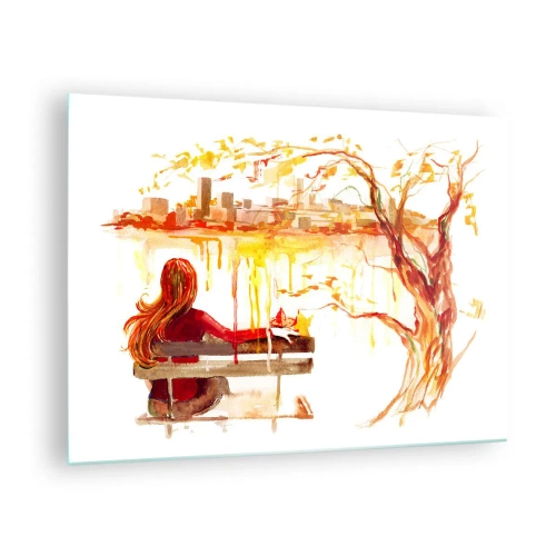 Obraz na skle - Postava na lavičce s výhledem na město v akvarelu - 70x50cm - Okamžik zamyšlení - Moderní nástěnná dekorace do obývacího pokoje a ložnice ARTTOR