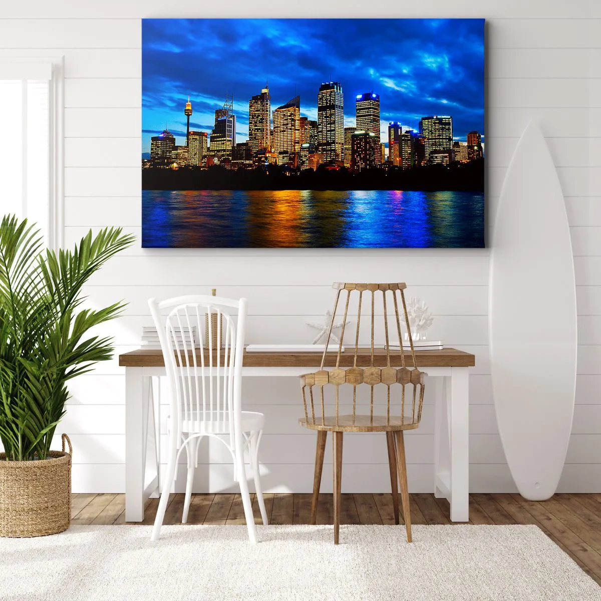 Obraz na plátně - Panorama nočního města s osvětlenými mrakodrapy nad vodou - 70x50cm - Noc světel a barev - Moderní nástěnná dekorace do obývacího pokoje a ložnice ARTTOR