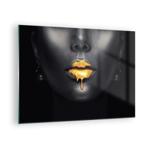 Obraz na skle - Černozlatý portrét ženy s lesklými rty - 70x50cm - Zlatoústá - Moderní nástěnná dekorace do obývacího pokoje a ložnice ARTTOR