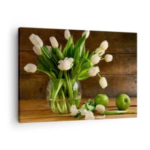 Obraz na plátně - Kytice bílých tulipánů ve skleněné váze se zelenými jablky - 70x50cm - Šťavnaté a čerstvé v zelené a bílé - Moderní nástěnná dekorace do obývacího pokoje a ložnice ARTTOR