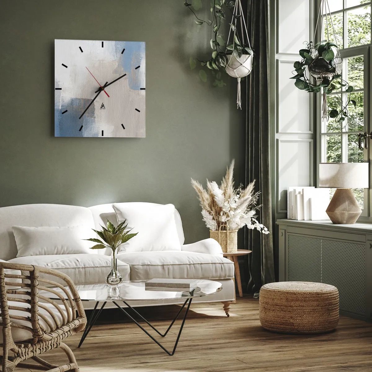 Nástěnné hodiny - Růžová abstrakce za modrým závojem - 40x40 cm