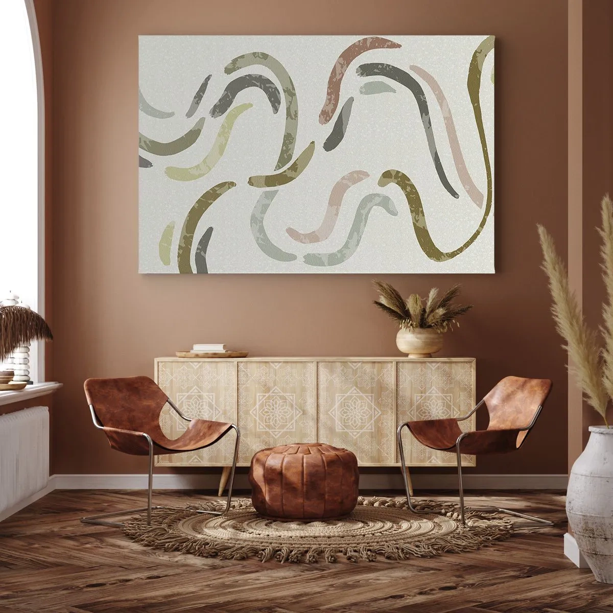 Obraz na plátně - Abstraktní oblouky v pastelových barvách - 70x50cm - Radostný tanec abstrakce - Moderní nástěnná dekorace do obývacího pokoje a ložnice ARTTOR