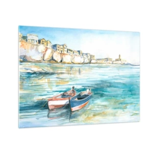 Obraz na skle - Akvamarínová zátoka s loděmi a budovami na útesu - 70x50cm - Krajina v modří - Moderní nástěnná dekorace do obývacího pokoje a ložnice ARTTOR