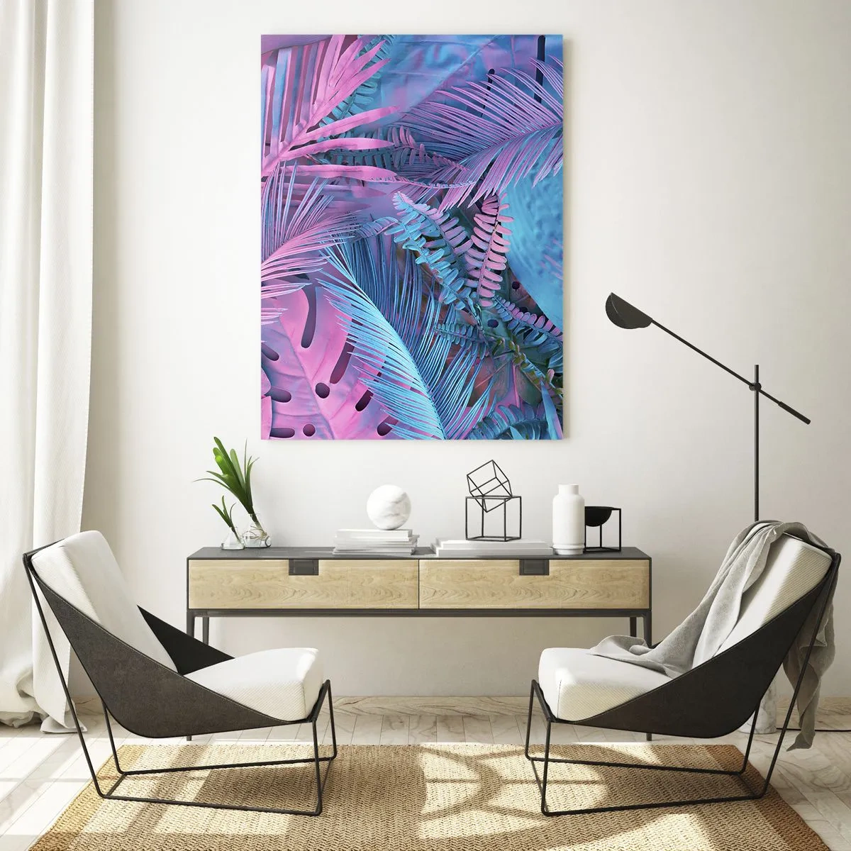 Obraz na skle - Tropy v růžové a modré - 50x70 cm