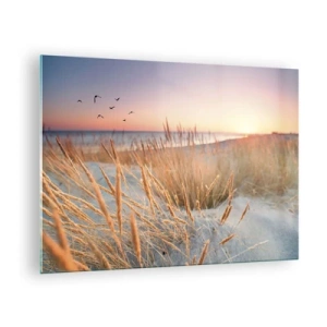 Obraz na skle - Pláž s trávou a slunce zapadající nad mořem - 70x50cm - Baltská ukolébavka - Moderní nástěnná dekorace do obývacího pokoje a ložnice ARTTOR