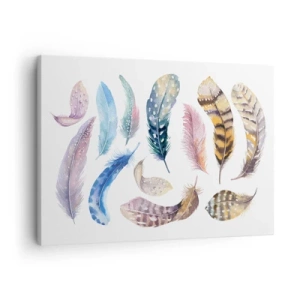 Obraz na plátně - Barevné peří v jemném akvarelovém stylu - 70x50cm - Lehké, strakaté a vícebarevné - Moderní nástěnná dekorace do obývacího pokoje a ložnice ARTTOR