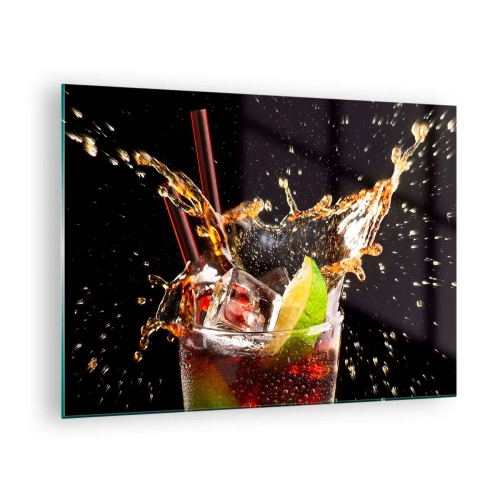 Obraz na skle - Sklenice nápoje s limetkou a šplouchnutím na černém pozadí - 70x50cm - Radost a energie barev - Moderní nástěnná dekorace do obývacího pokoje a ložnice ARTTOR