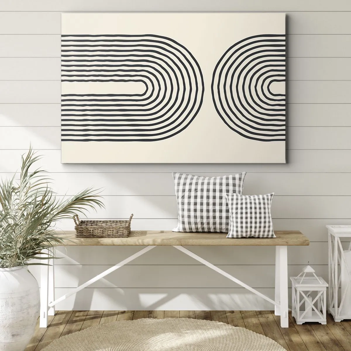 Obraz na plátně - Abstraktní geometrický vzor se symetrickými čarami na světlém pozadí - 70x50cm - Již brzy… - Moderní nástěnná dekorace do obývacího pokoje a ložnice ARTTOR