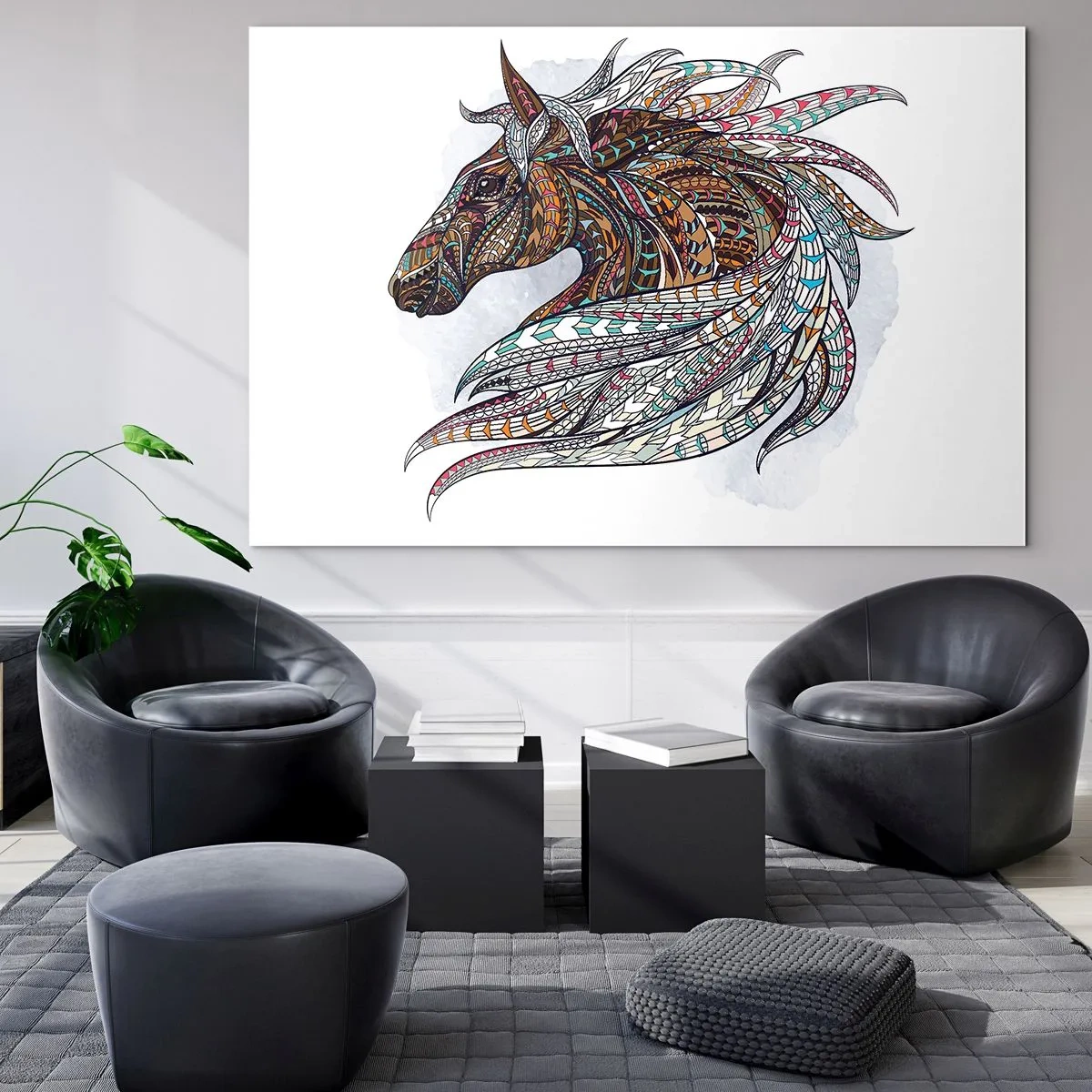 Obraz na skle - Barevný kůň v uměleckém stylu s geometrickými vzory - 70x50cm - Keltský válečný oř - Moderní nástěnná dekorace do obývacího pokoje a ložnice ARTTOR
