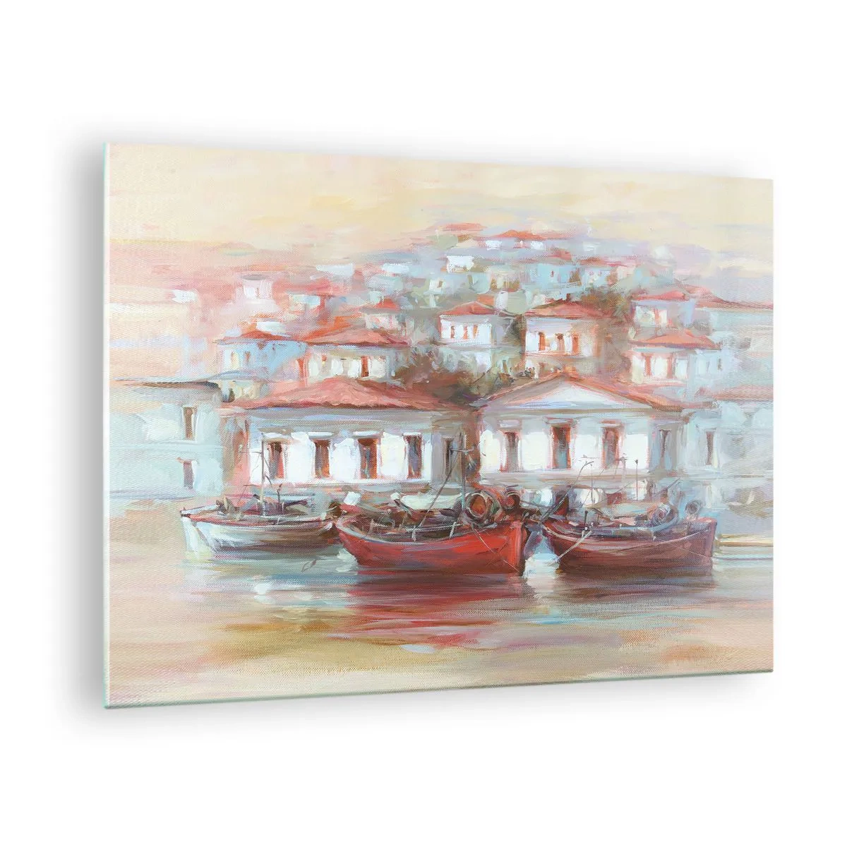 Obraz na skle - Malebné městečko s loděmi v přístavu při západu slunce - 70x50cm - Šťastné městečko - Moderní nástěnná dekorace do obývacího pokoje a ložnice ARTTOR