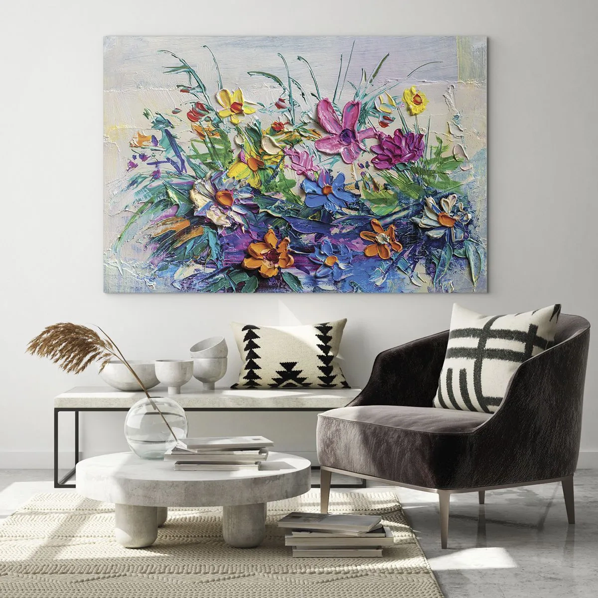 Obraz na skle - Barevná květinová kompozice v malířském stylu - 70x50cm - Vůbec ne zátiší - Moderní nástěnná dekorace do obývacího pokoje a ložnice ARTTOR