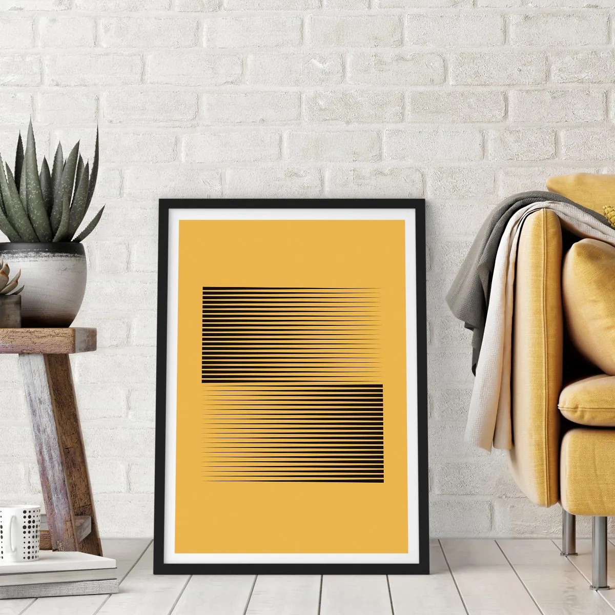 Plakát v černém rámu - Minimalistická kompozice linií na hořčicovitém pozadí. - 50x70cm - Čtverec protikladů - Moderní nástěnná dekorace do obývacího pokoje a ložnice ARTTOR