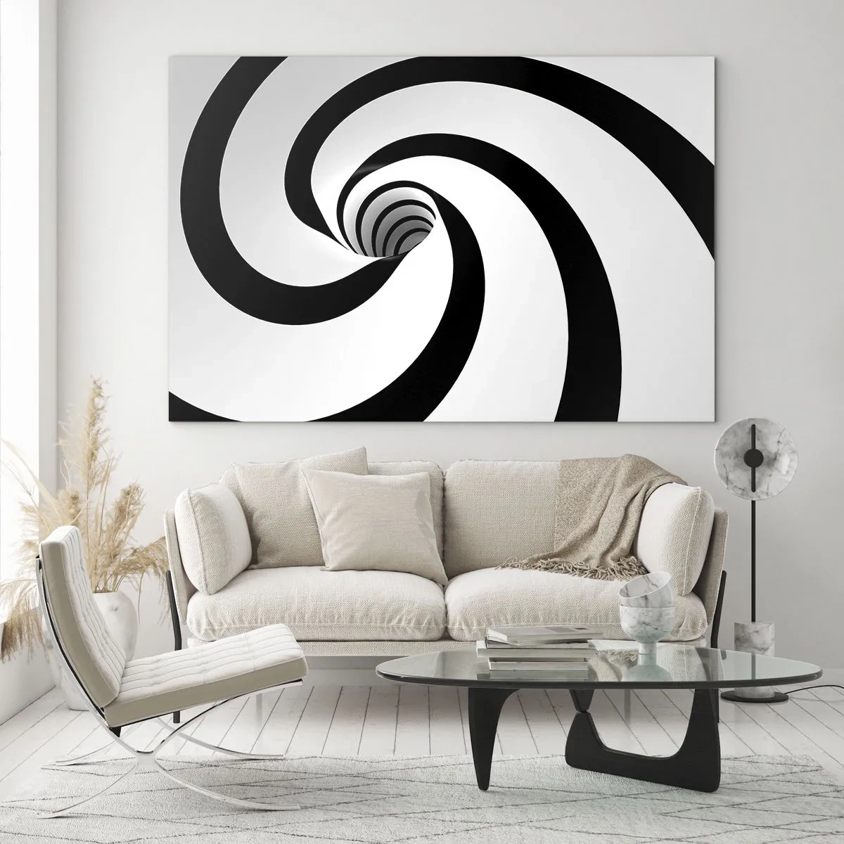 Obraz na skle - Hypnotický spirálový vzor v černé a bílé - 70x50cm - Podlehnout viru? - Moderní nástěnná dekorace do obývacího pokoje a ložnice ARTTOR