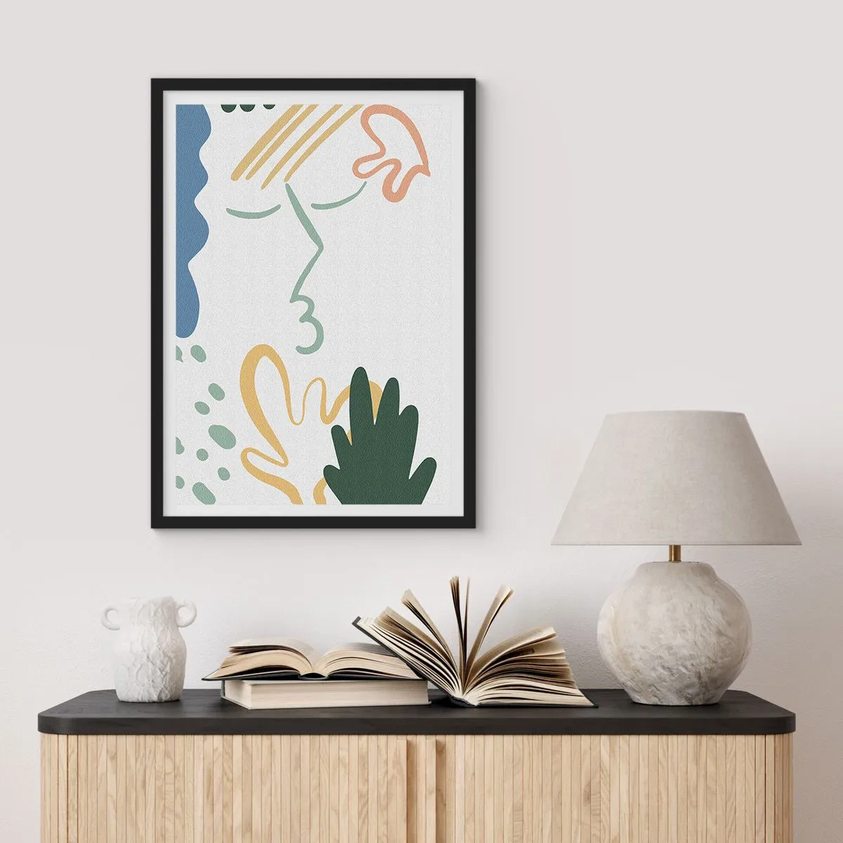 Plakát v černém rámu - Abstraktní portrét v pastelových barvách - 50x70cm - Polibek květin - Moderní nástěnná dekorace do obývacího pokoje a ložnice ARTTOR