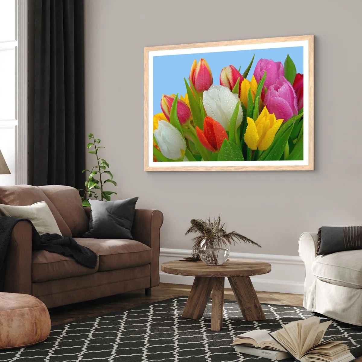 Plakát v rámu světlý dub - Květinová duha v kapkách rosy - 50x40 cm