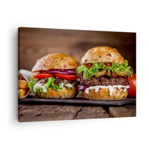 Obraz na plátně - Chutné burgery se zeleninou a omáčkou - 70x50cm - American dream - Moderní nástěnná dekorace do obývacího pokoje a ložnice ARTTOR