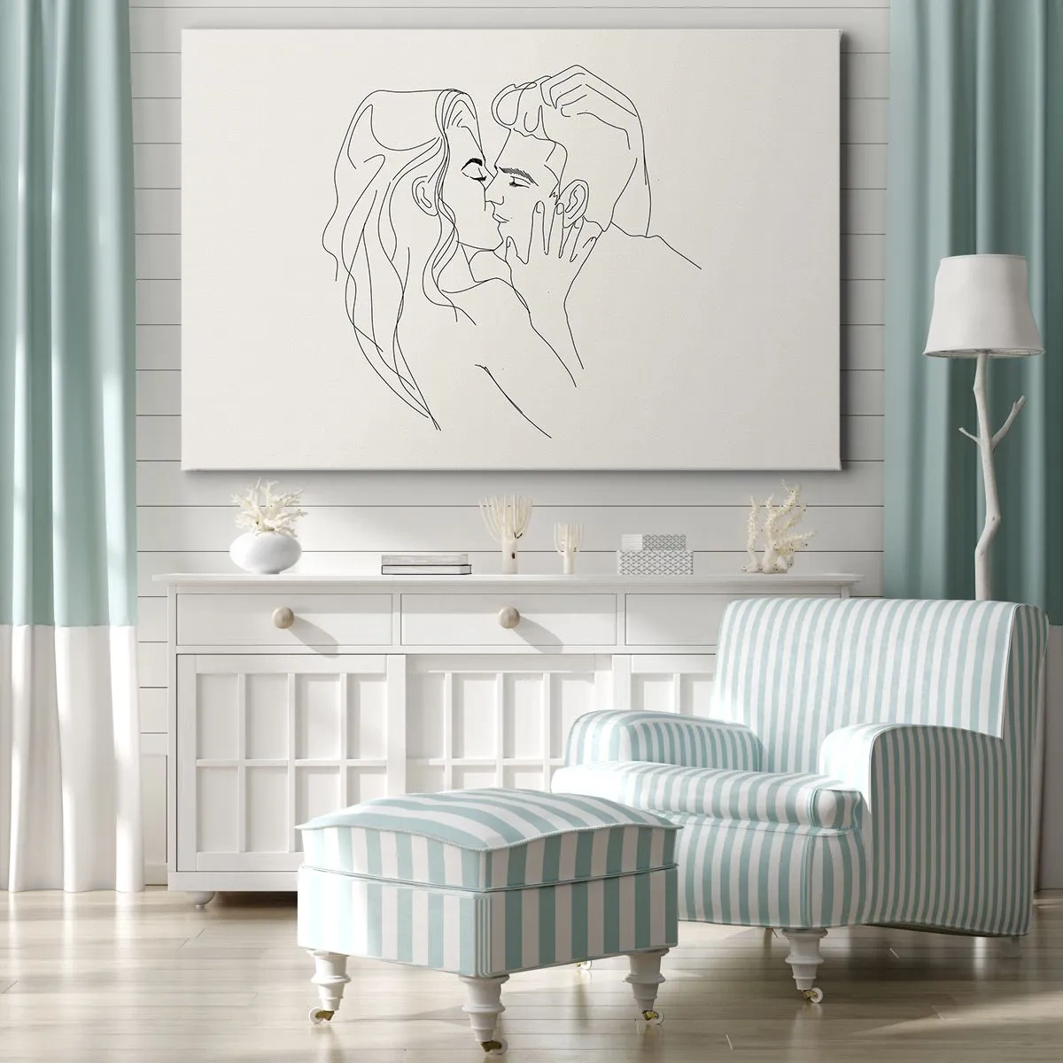 Obraz na plátně - Minimalistická ilustrace páru v milujícím objetí - 70x50cm - Zamotaní citem - Moderní nástěnná dekorace do obývacího pokoje a ložnice ARTTOR