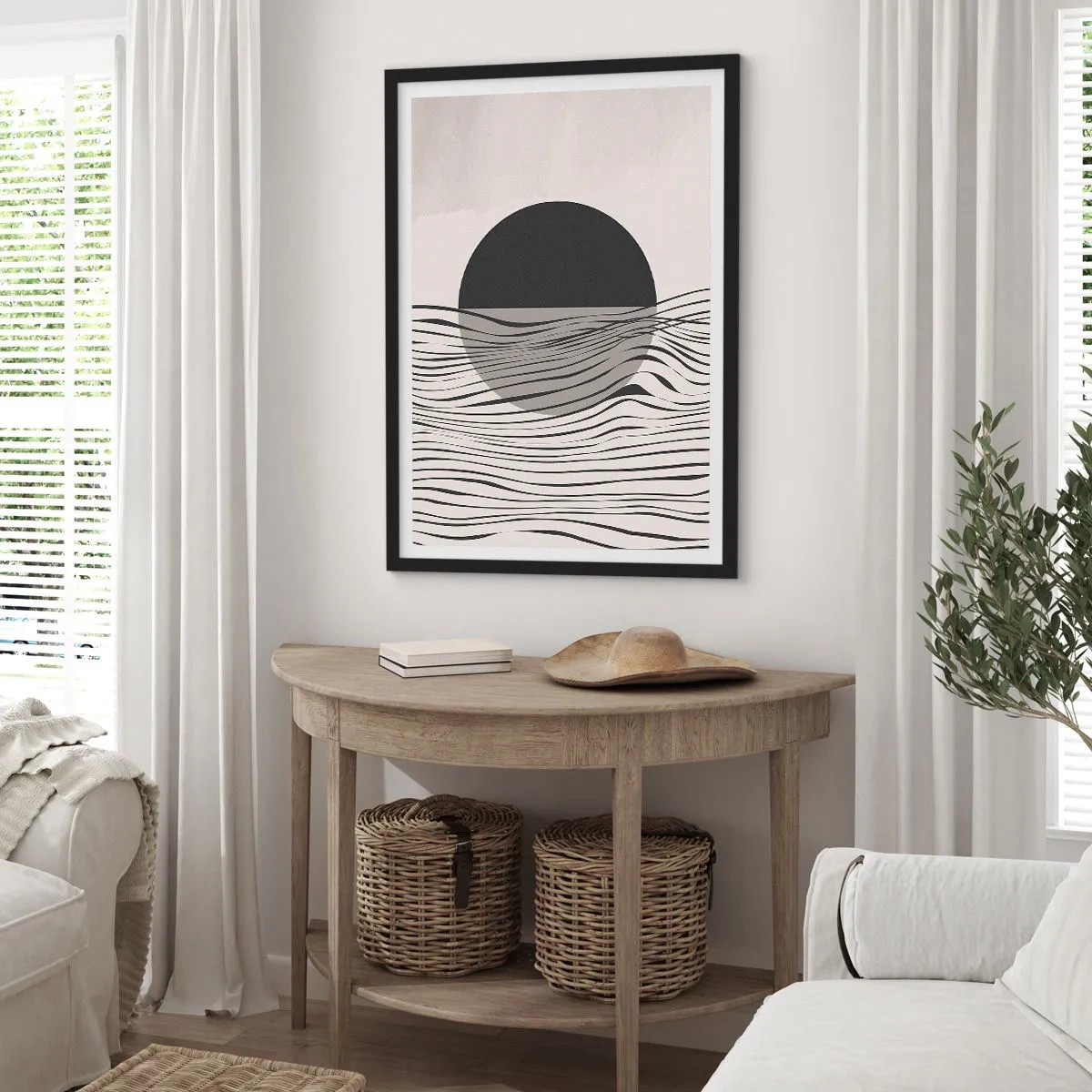 Plakát v černém rámu - Abstraktní západ slunce s vlnovými liniemi - 50x70cm - Poloviční kompozice - Moderní nástěnná dekorace do obývacího pokoje a ložnice ARTTOR