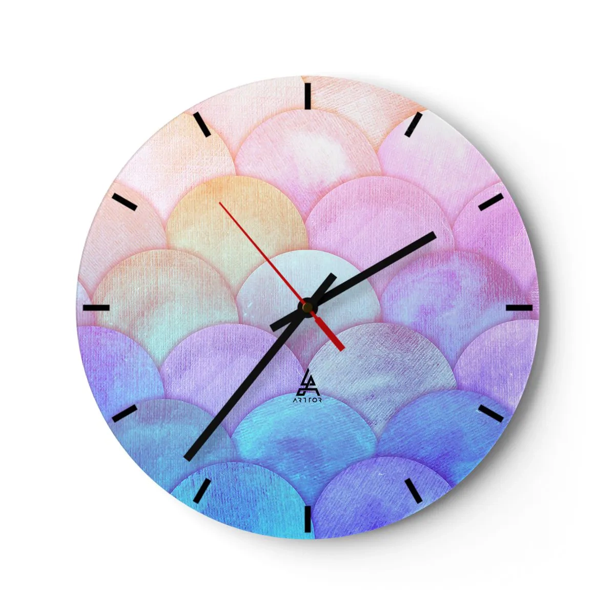 Nástěnné hodiny - Půlkruhové pastelové šupiny v odstínech růžové, fialové a modré - 30x30cm - Perleťová šupina - Moderní nástěnná dekorace do obývacího pokoje, kuchyně a ložnice ARTTOR