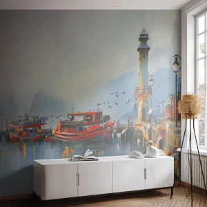 Fototapeta Standard Eco - Přístav v mlze s červenými loděmi a majákem - 100x70cm - Na konci světa - Moderní nástěnná dekorace do obývacího pokoje a ložnice ARTTOR