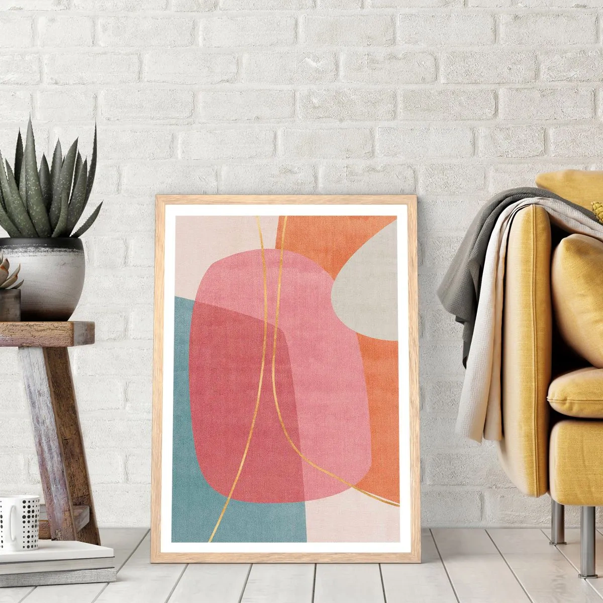 Plakát v rámu světlý dub - Pastelová kompozice se zlatou nití - 30x40 cm