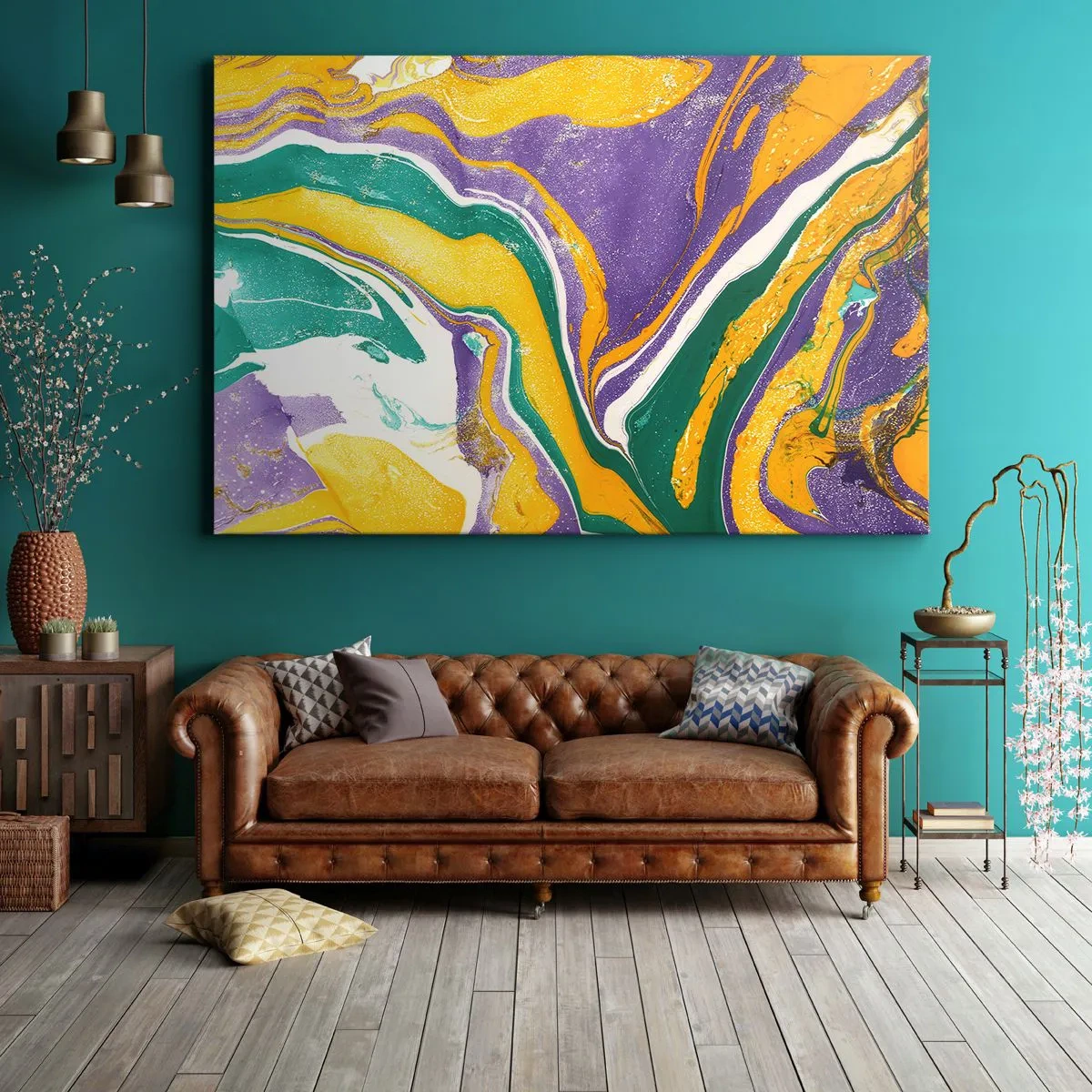 Obraz na plátně - Abstraktní mramorový vzor v živých barvách - 70x50cm - Vlny barev - Moderní nástěnná dekorace do obývacího pokoje a ložnice ARTTOR