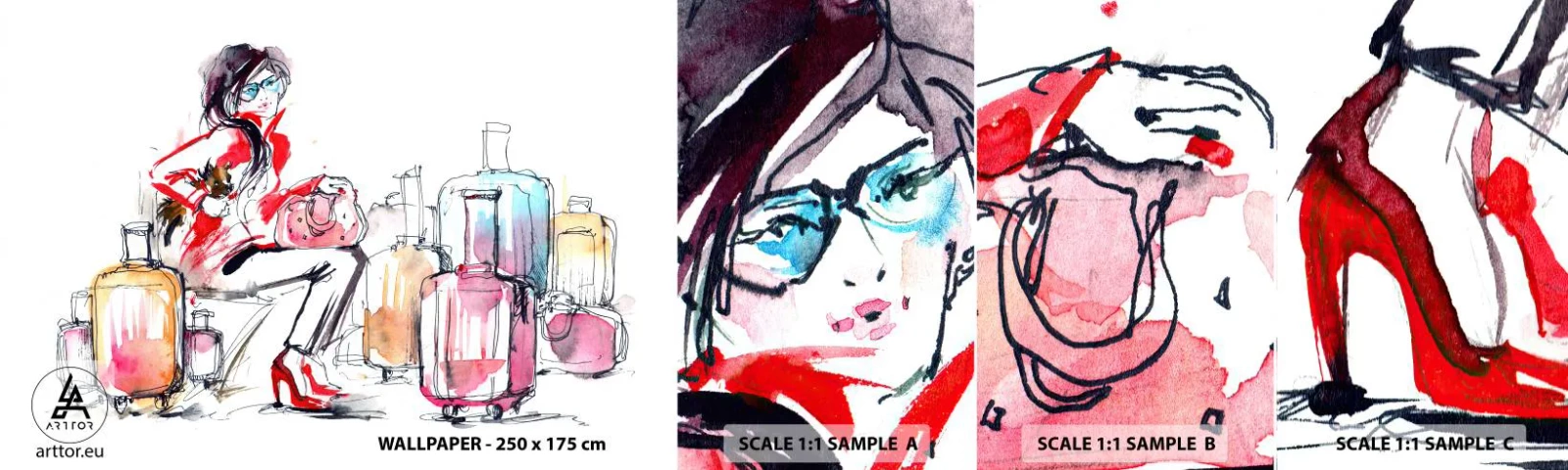 Fototapeta Vzorek Standard Eco - Posaďme se před cestou - Žena, Výlet, Kufr - 100x30 cm