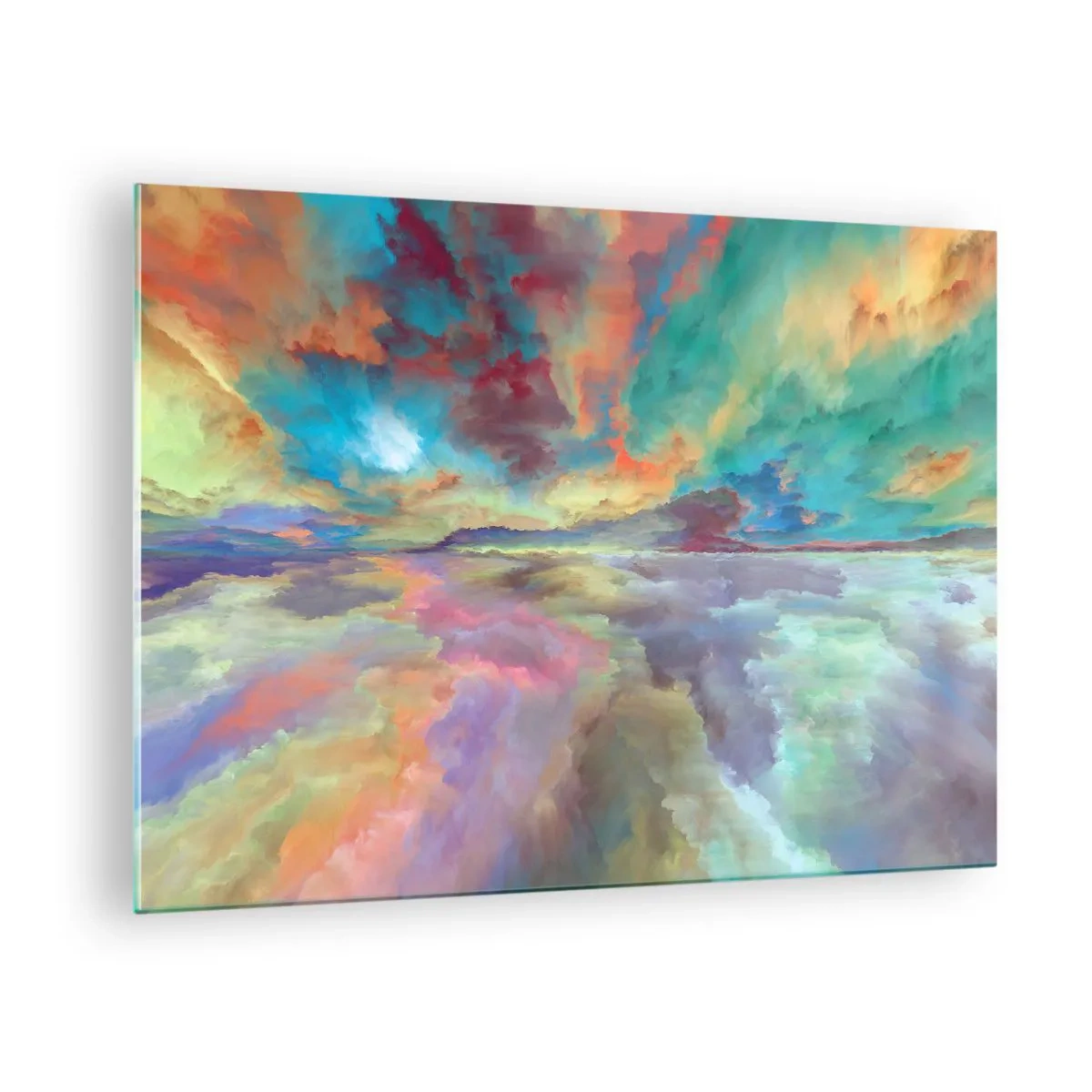 Obraz na skle - Barevné mraky odrážející se ve vodě na obzoru - 70x50cm - Dvě nebe - Moderní nástěnná dekorace do obývacího pokoje a ložnice ARTTOR