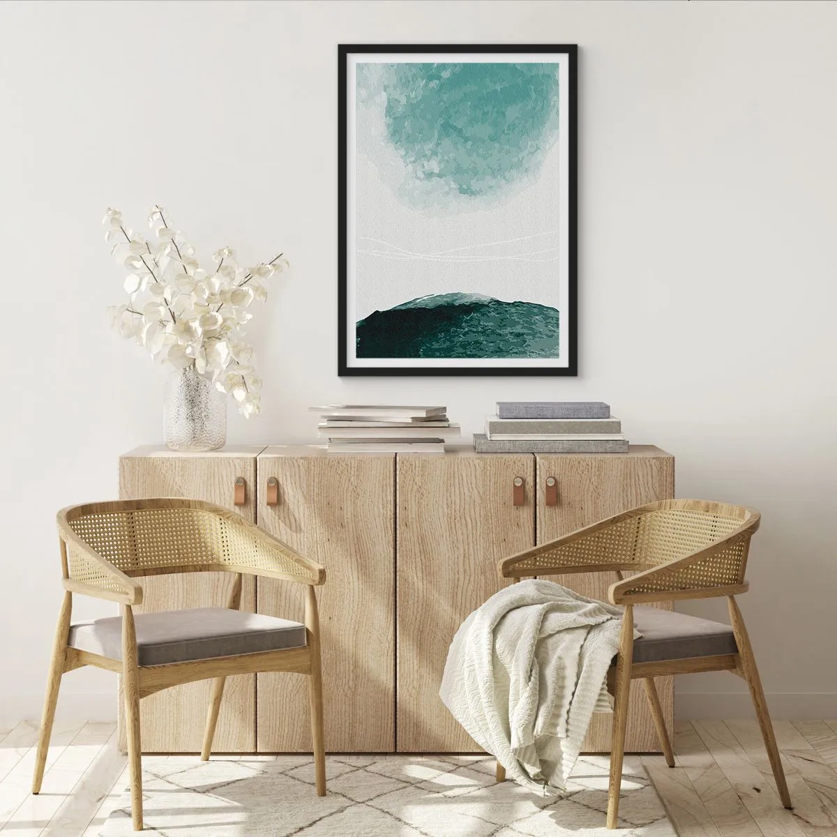 Plakát v černém rámu - Abstraktní krajina v odstínech zelené a bílé - 50x70cm - Setkání s mlhou - Moderní nástěnná dekorace do obývacího pokoje a ložnice ARTTOR