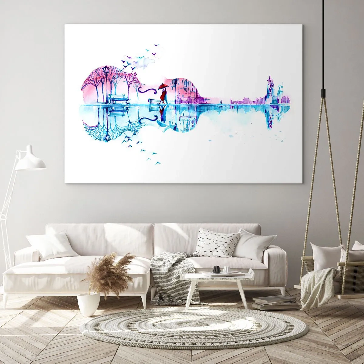 Obraz na skle - Krajina ve tvaru kytary v akvarelovém stylu - 70x50cm - Přinesu vám dešťové písně - Moderní nástěnná dekorace do obývacího pokoje a ložnice ARTTOR