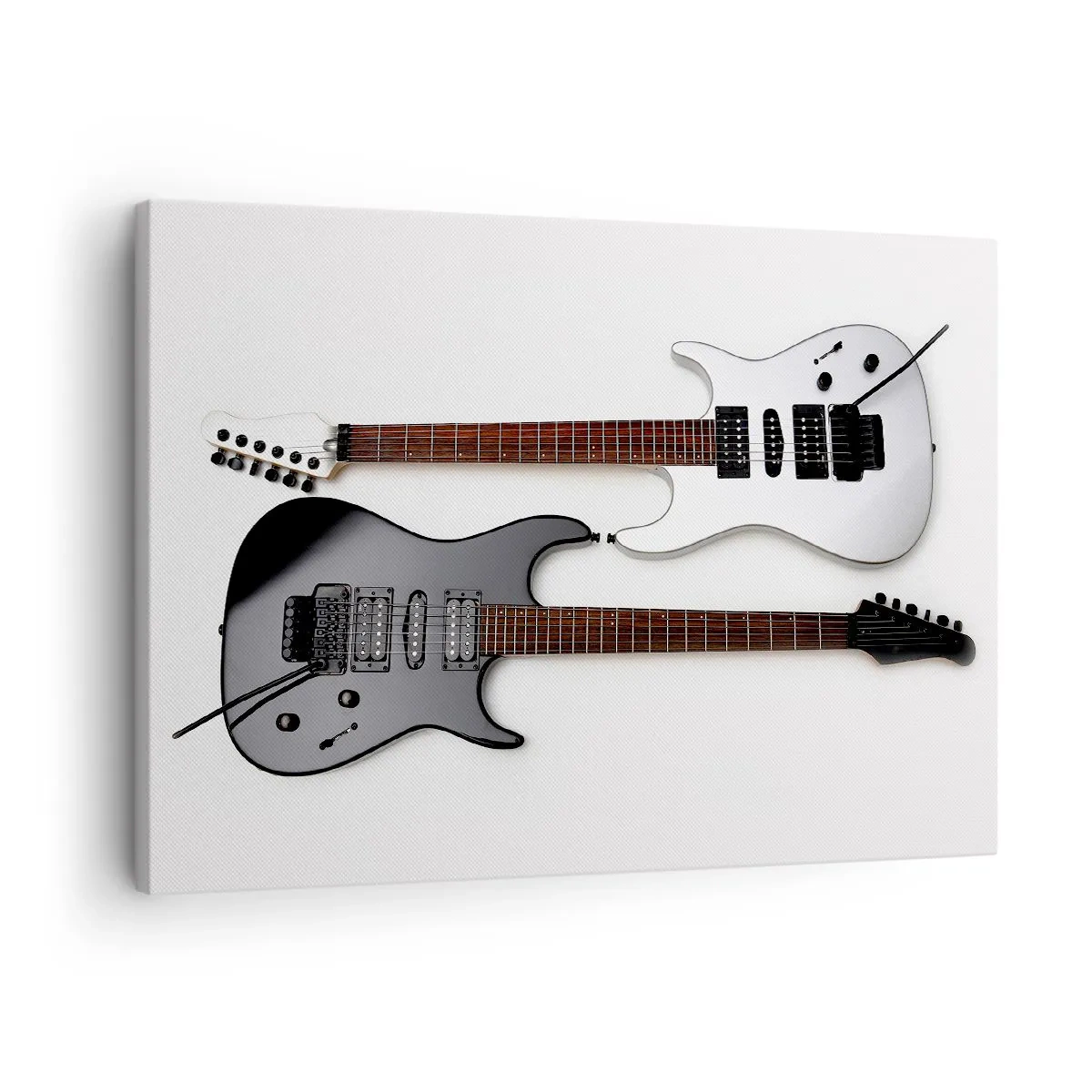Obraz na plátně - Dvě elektrické kytary v černé a bílé barvě na světlém pozadí. - 70x50cm - Harmonie tvarů - Moderní nástěnná dekorace do obývacího pokoje a ložnice ARTTOR