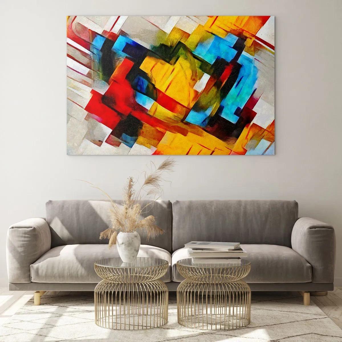 Obraz na skle - Abstraktní kompozice geometrických tvarů - 70x50cm - Vícebarevné vrstvy - Moderní nástěnná dekorace do obývacího pokoje a ložnice ARTTOR