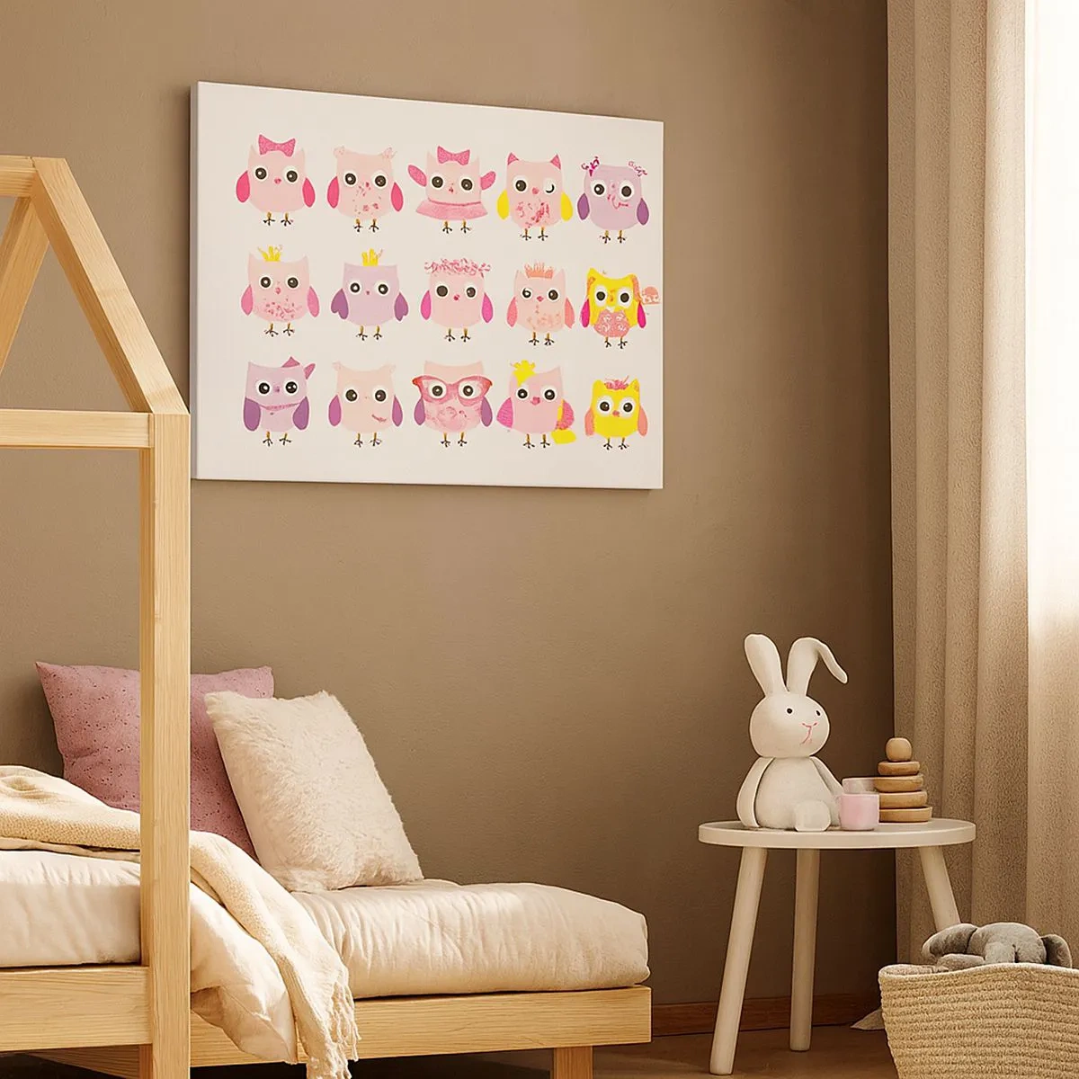 Obraz na plátně - Roztomilé sovy v pastelových barvách - 70x50cm - Jedna sladší než druhá - Moderní nástěnná dekorace do obývacího pokoje a ložnice ARTTOR