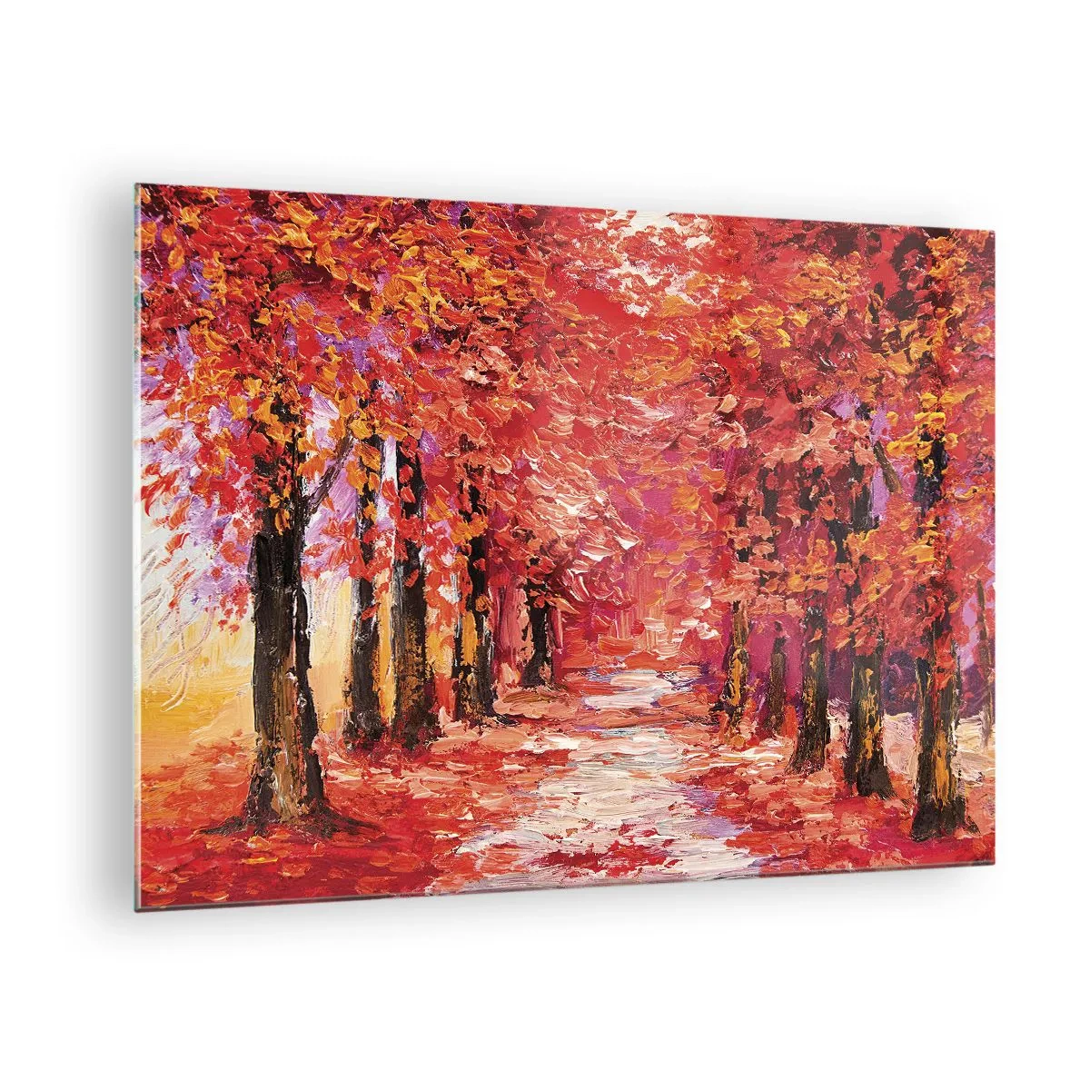 Obraz na skle - Malebná ulička v podzimních barvách plná teplých odstínů - 70x50cm - Podzimní imprese - Moderní nástěnná dekorace do obývacího pokoje a ložnice ARTTOR