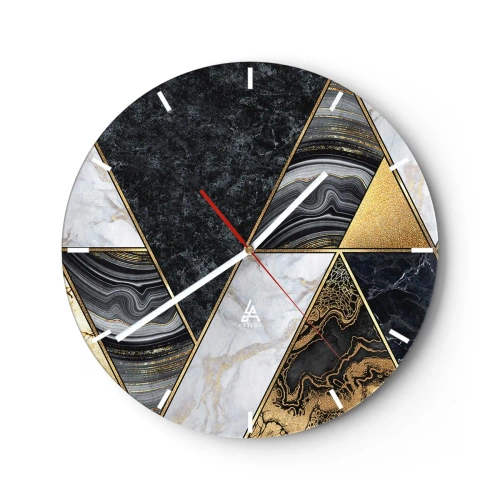 Nástěnné hodiny - Zlaté a mramorové trojúhelníky v geometrické mozaice - 30x30cm - Kámen vedle kamene - Moderní nástěnná dekorace do obývacího pokoje, kuchyně a ložnice ARTTOR
