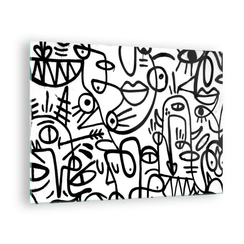 Obraz na skle - Černobílá abstrakce s očima, obličeji a čarami - 70x50cm - Tváře a přeludy - Moderní nástěnná dekorace do obývacího pokoje a ložnice ARTTOR