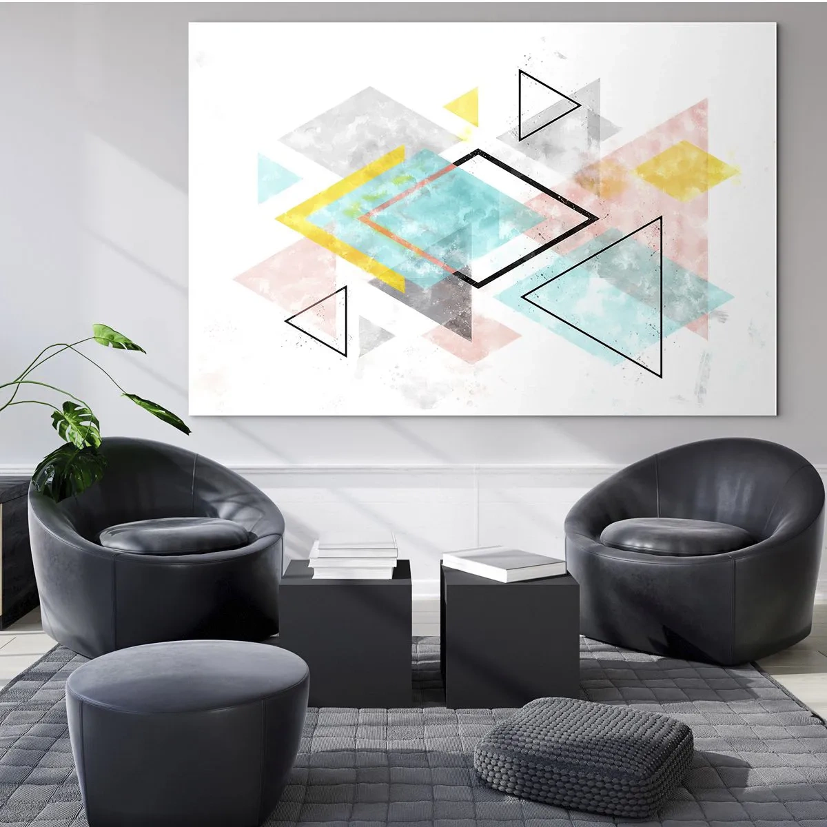 Obraz na skle - Barevné geometrické tvary na bílém pozadí v abstraktním stylu - 70x50cm - Geometrická zábava - Moderní nástěnná dekorace do obývacího pokoje a ložnice ARTTOR