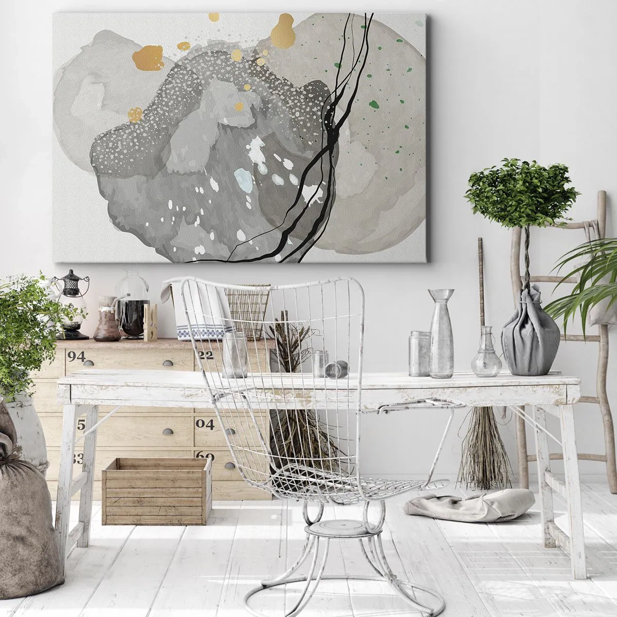 Obraz na plátně - Organické tvary v odstínech šedé s akcenty černé a zlaté - 70x50cm - Organická kompozice - Moderní nástěnná dekorace do obývacího pokoje a ložnice ARTTOR