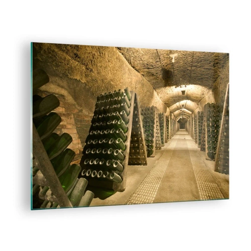 Obraz na skle - Sklep s lahvemi vína stárnoucími v řadách - 70x50cm - Narozeniny chuti - Moderní nástěnná dekorace do obývacího pokoje a ložnice ARTTOR
