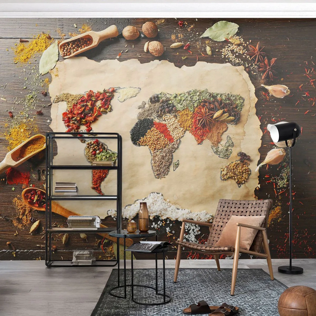 Fototapeta Samolepicí Deluxe Sticker - Všechny chutě světa - Gastronomie, Mapa světa, Sušené koření - 250x175 cm