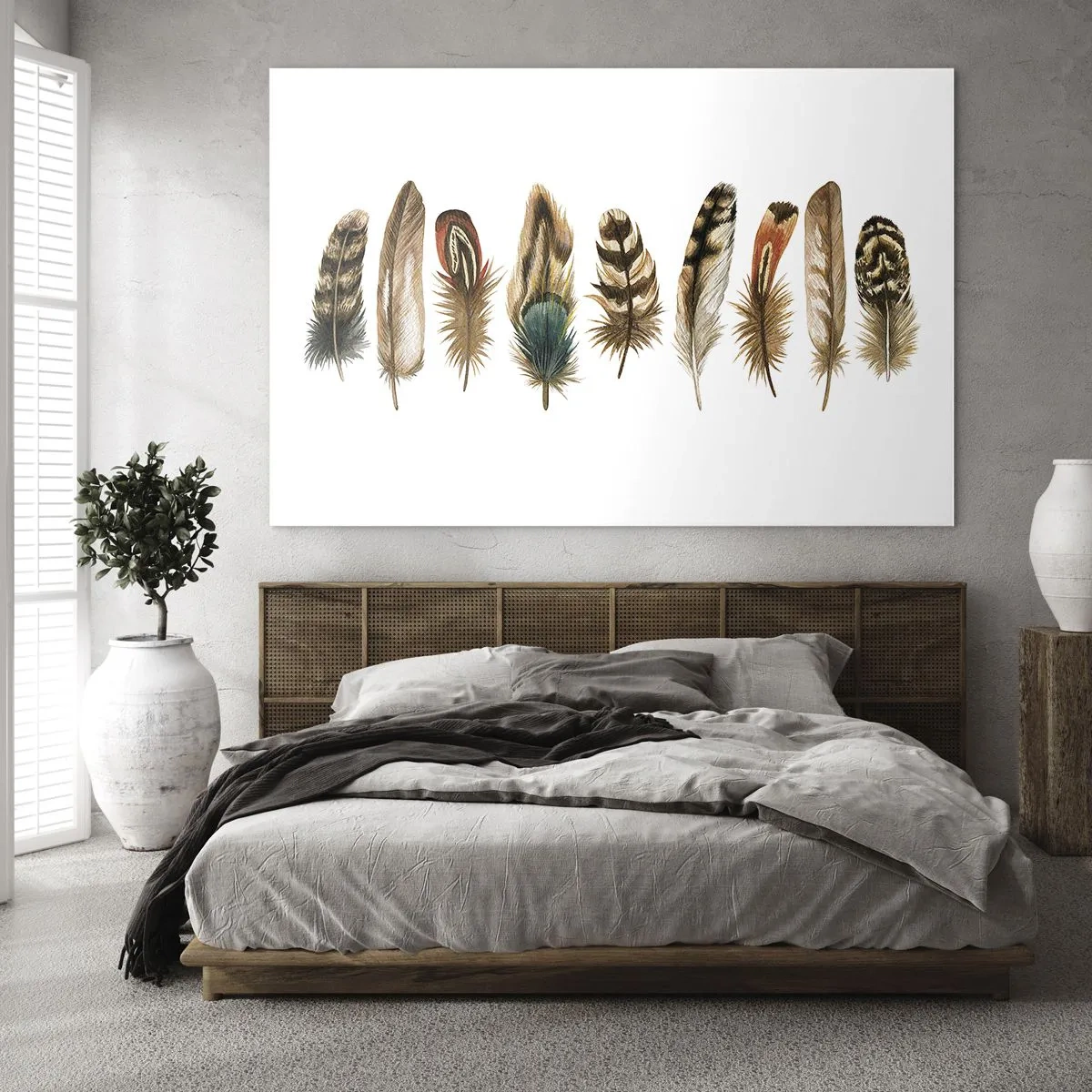 Obraz na skle - Složení barevného peří na bílém pozadí - 70x50cm - Opeřená variace - Moderní nástěnná dekorace do obývacího pokoje a ložnice ARTTOR