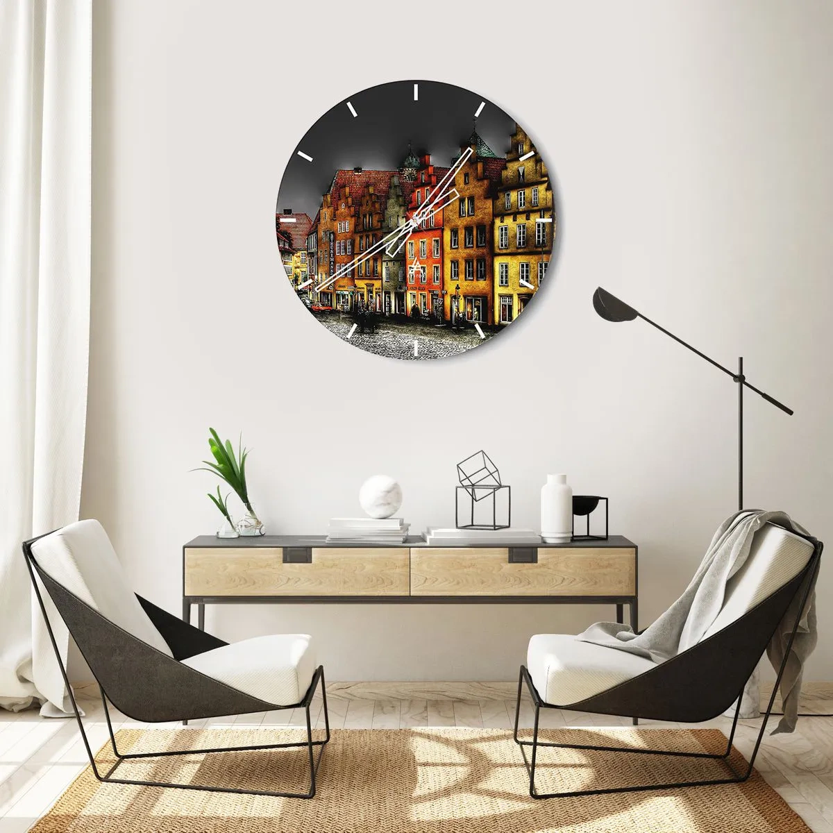 Nástěnné hodiny - Barevné činžovní domy proti tmavé obloze - 30x30cm - Chybí jenom kouzelná drožka - Moderní nástěnná dekorace do obývacího pokoje, kuchyně a ložnice ARTTOR