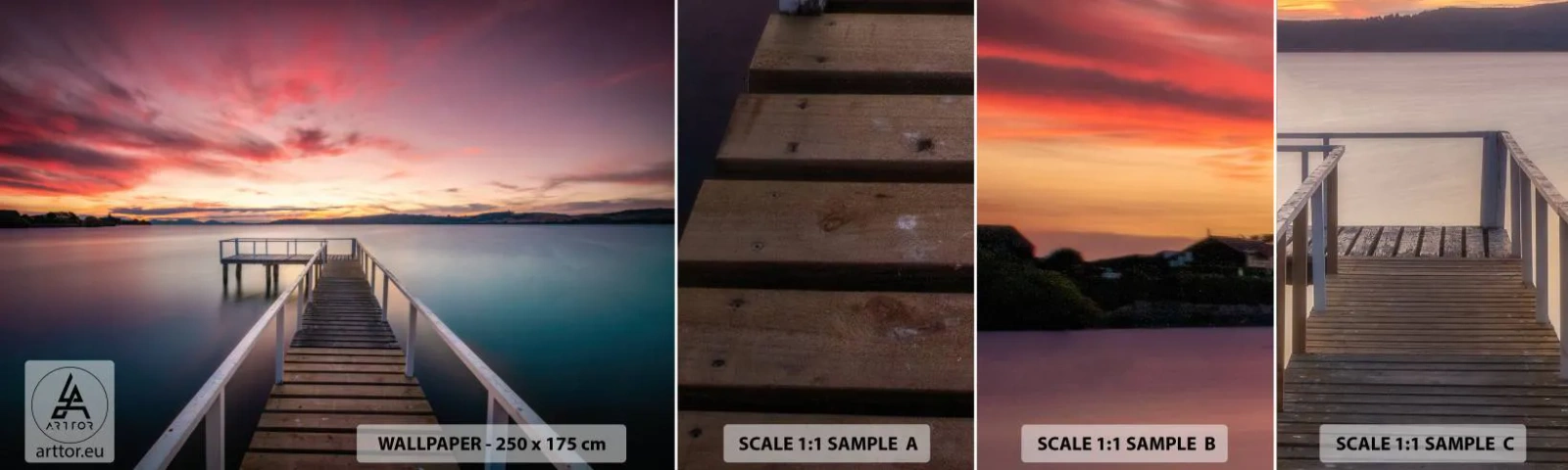 Fototapeta Vzorek Standard Eco - Jemný plamen večera - Krajina, Západ slunce, Dřevěné molo - 100x30 cm