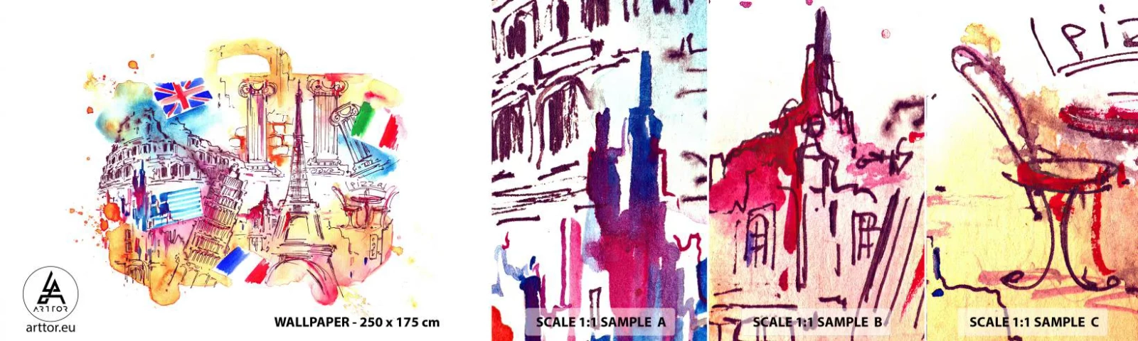 Vzor Fototapety Samolepicí Deluxe Sticker - Evropské turné - Abstrakce, Cestování, Kufr - 100x30 cm