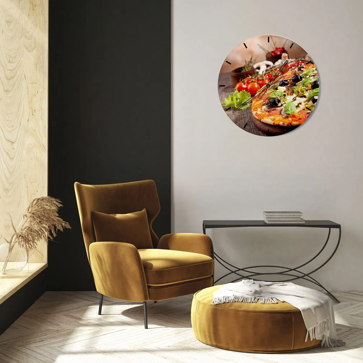 Nástěnné hodiny - Pizza s olivami a čerstvými bylinkami - 30x30cm - Z telurických složek - Moderní nástěnná dekorace do obývacího pokoje, kuchyně a ložnice ARTTOR
