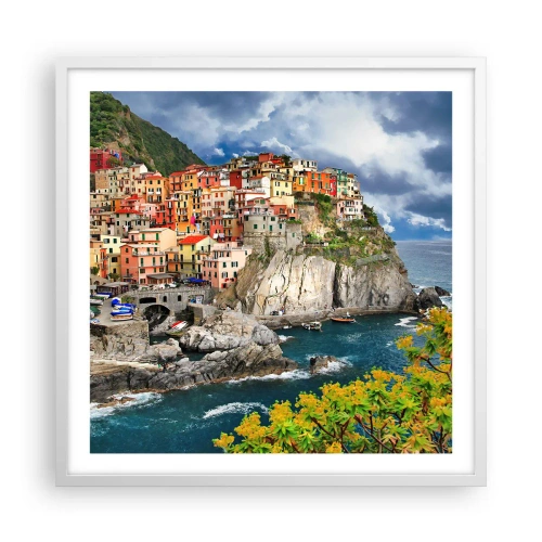 Plakát v bílém rámu - Hromádka přitulená ke skalám - 60x60 cm