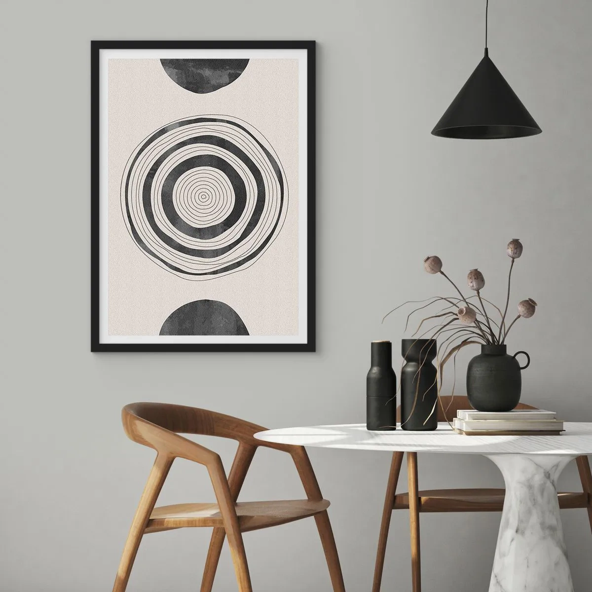 Plakát v černém rámu - Minimalistická kompozice geometrických kruhů - 50x70cm - Důležité je to, co je uprostřed - Moderní nástěnná dekorace do obývacího pokoje a ložnice ARTTOR